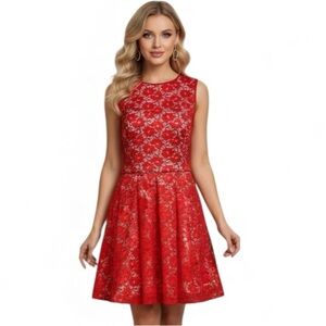 Xscape Red Nude Lace Overlay Cocktail Homecoming Dress Size 10